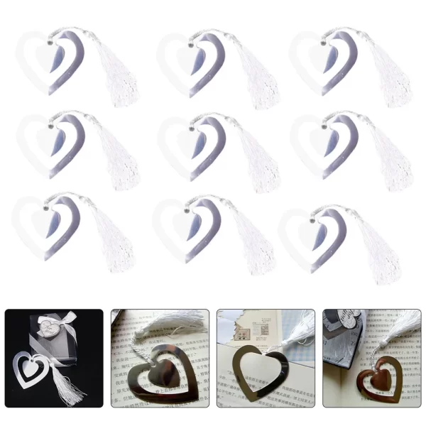 10pcs Metal Bookmarks Hollow Heart with Tassels Novelty Bookmarker Cards for Adults Office School Kids Gifts