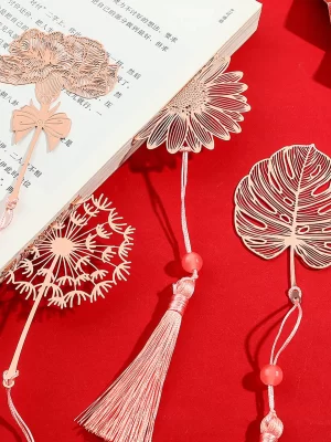 Plant Vein Bookmark with Exquisite Tassel Hollow Design Classical Metal Leaf Page Marker Teacher Student Gift Rose Gold Size B
