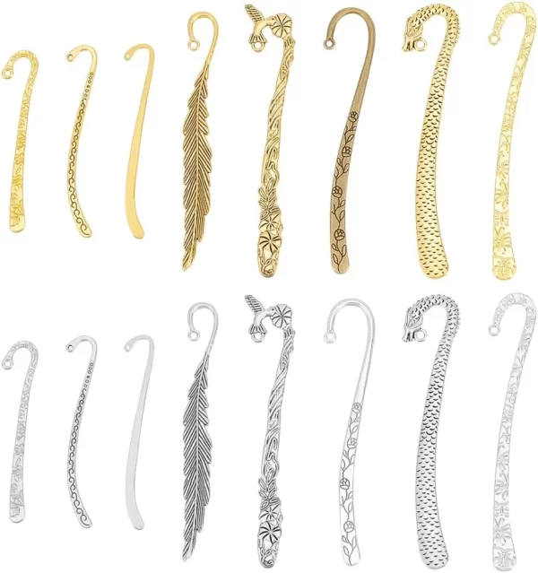 16pcs Mixed Style Alloy Bookmarks Stripe Hook Carved Antique Vintage Metal DIY Bookmark Metal Carving Hook Marks Page Markers for Crafting Teacher's Day Back to School Gift Bookmarks