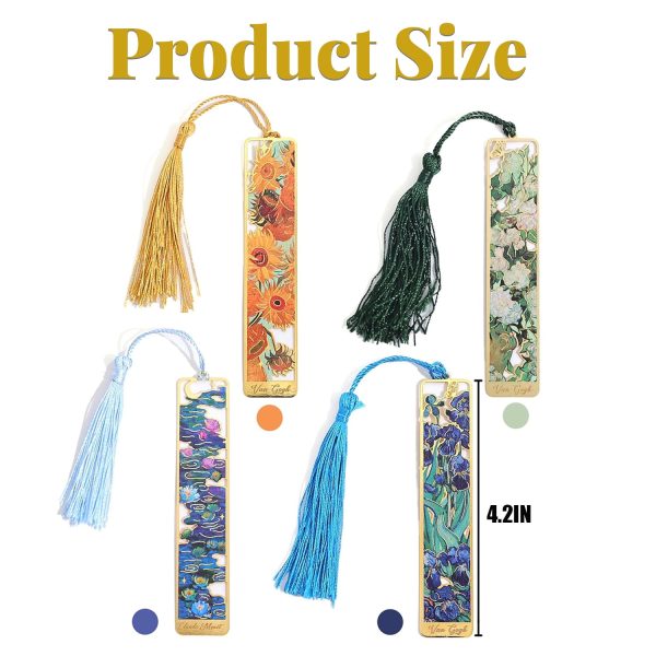 4 Pcs Metal Bookmarks with Tassel, Oil Painting Theme Book Markers for Bible Book Accessories, Golden Hollow Book Marks for Book Lovers, Reading Men Women, Writers, Readers